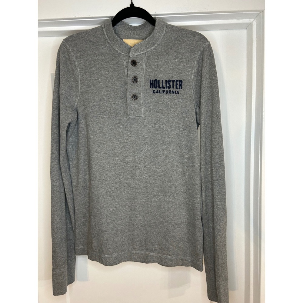 Hollister Mens Long Sleeve Henley Shirt Gray Embroidered Logo Y2K Size Medium‎